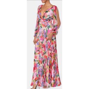 Betsy & Adam Floral Pleated Split Sleeve Maxi Dress Gown Wedding Fairy Whimsy 12